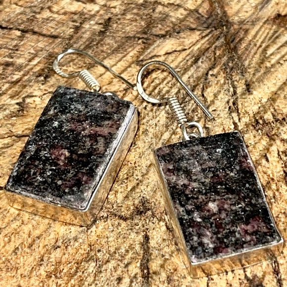 Dark Square Rhodonite Earrings 1 7/8” - Picture 1 of 8
